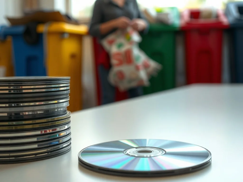 Stos starych płyt CD na stole, a w tle osoba segregująca odpady do kolorowych pojemników.