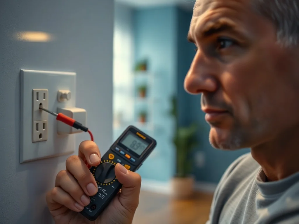Mężczyzna używa multimetru do pomiaru napięcia w gniazdku elektrycznym w nowoczesnym wnętrzu.