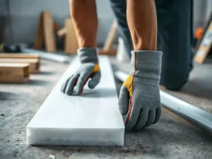 Mężczyzna używa myjki ciśnieniowej do usuwania mchu z kostki brukowej, ukazując kontrast między czystą a brudną nawierzchnią.