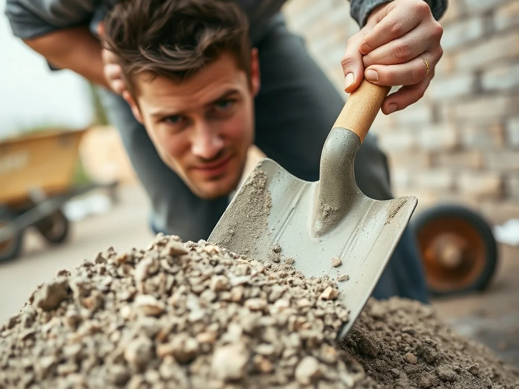 Mężczyzna mieszający łopatą suchy beton na placu budowy. Widoczne zbliżenie na teksturę mieszanki piasku i cementu.
